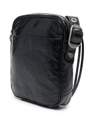 BALENCIAGA Black Leather Messenger Handbag with Customizable Pouch and Silver-Tone Hardware