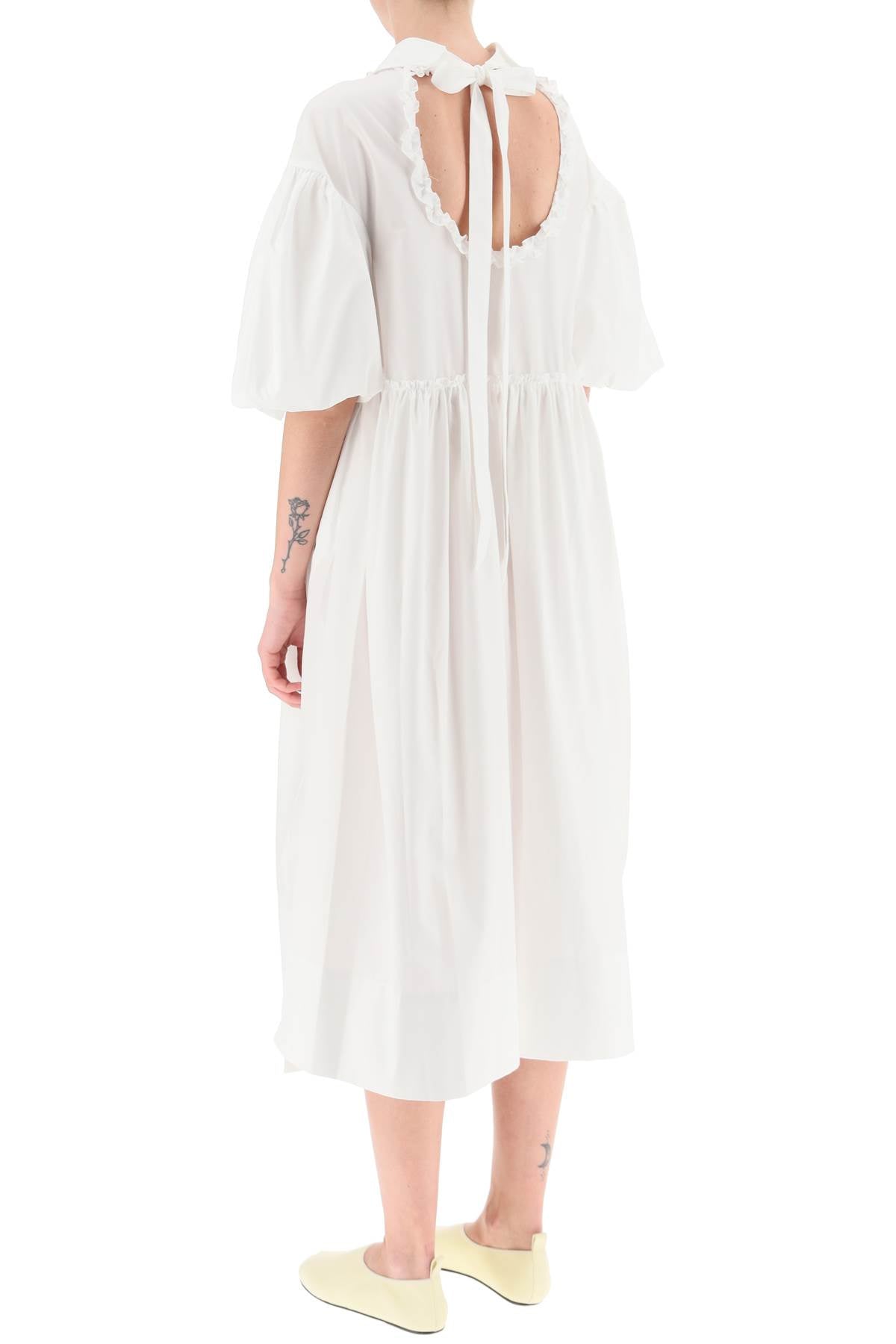 SIMONE ROCHA Women's White Cotton Poplin Midi Dress with Puff Sleeves and Bead Embellishments