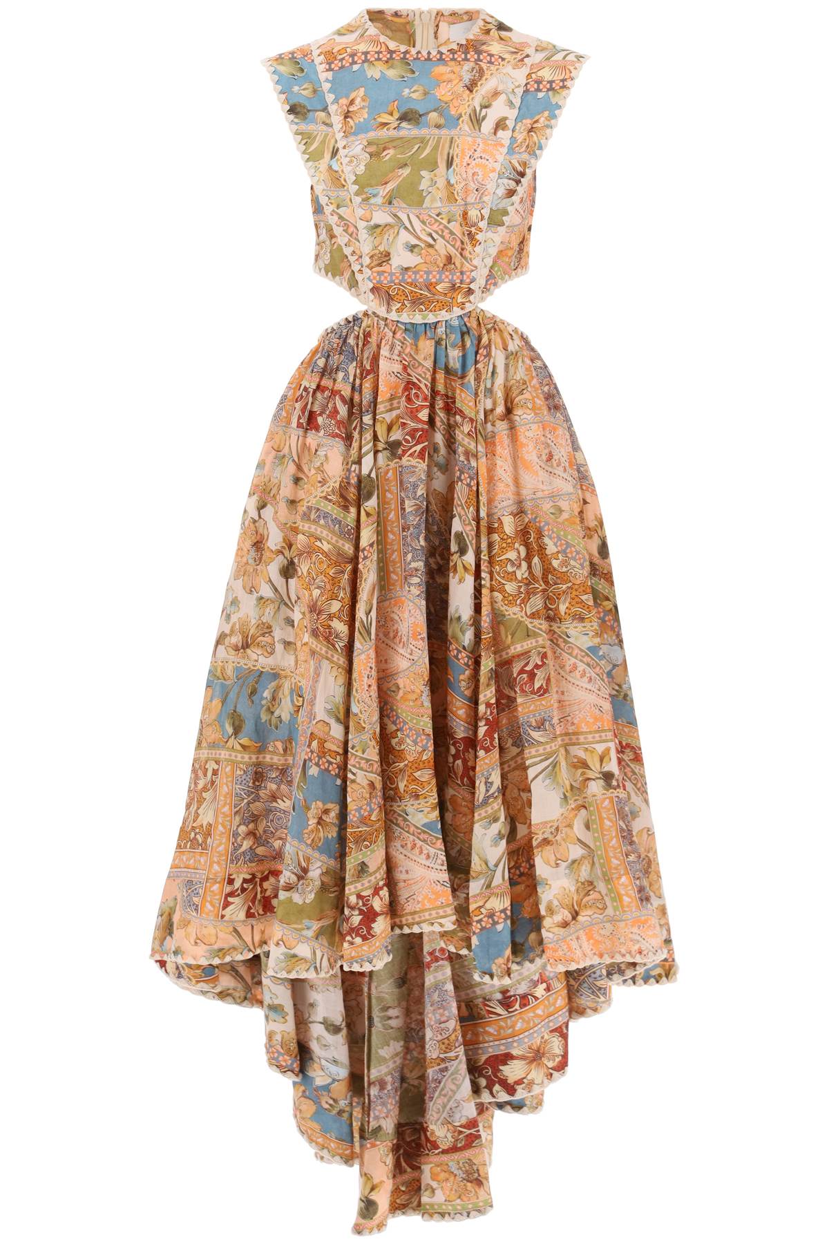 ZIMMERMANN Asymmetric Cut-out Midi Dress with Floral Motif and Crochet Trims