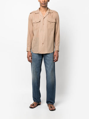 SAINT LAURENT Men's Plaqué Cotton Shirt in Beige - FW23