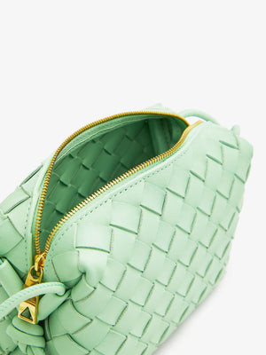 BOTTEGA VENETA Mini Loop Camera-Style Bag with Intrecciato Leather Design and Gold Tone Accents, Green