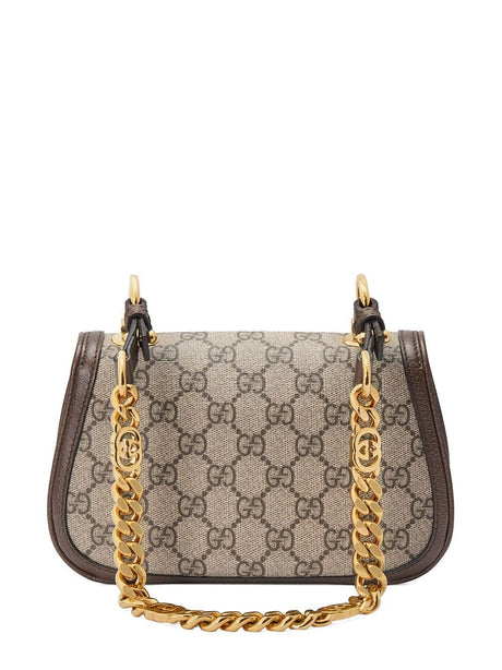 GUCCI Elegant Mini Shoulder Bag in Beige and Ebony with Brown Leather Accents and Gold-Tone Interlocking G, Dual Straps, 12x22x7 cm