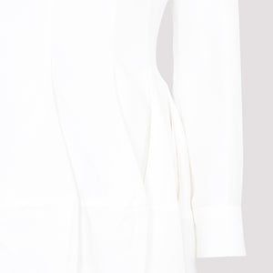 BOTTEGA VENETA Chalk-Colored Linen and Viscose Midi Dress with Folded Sleeves