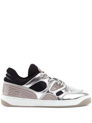 GUCCI Elevate Your Style with this Silver and Black Metallic-Leather Sneaker