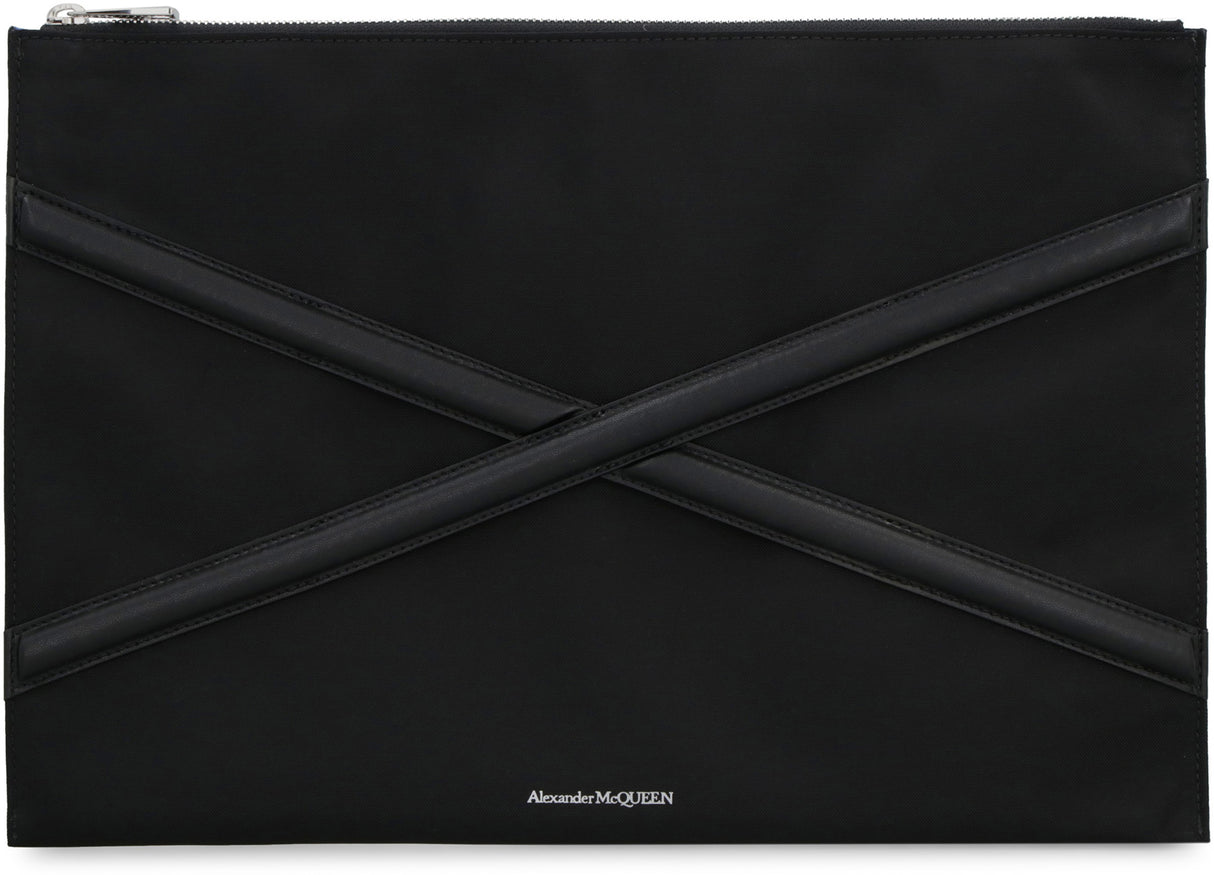 ALEXANDER MCQUEEN Men's Black Nylon Pouch Handbag with Logo and Leather Details