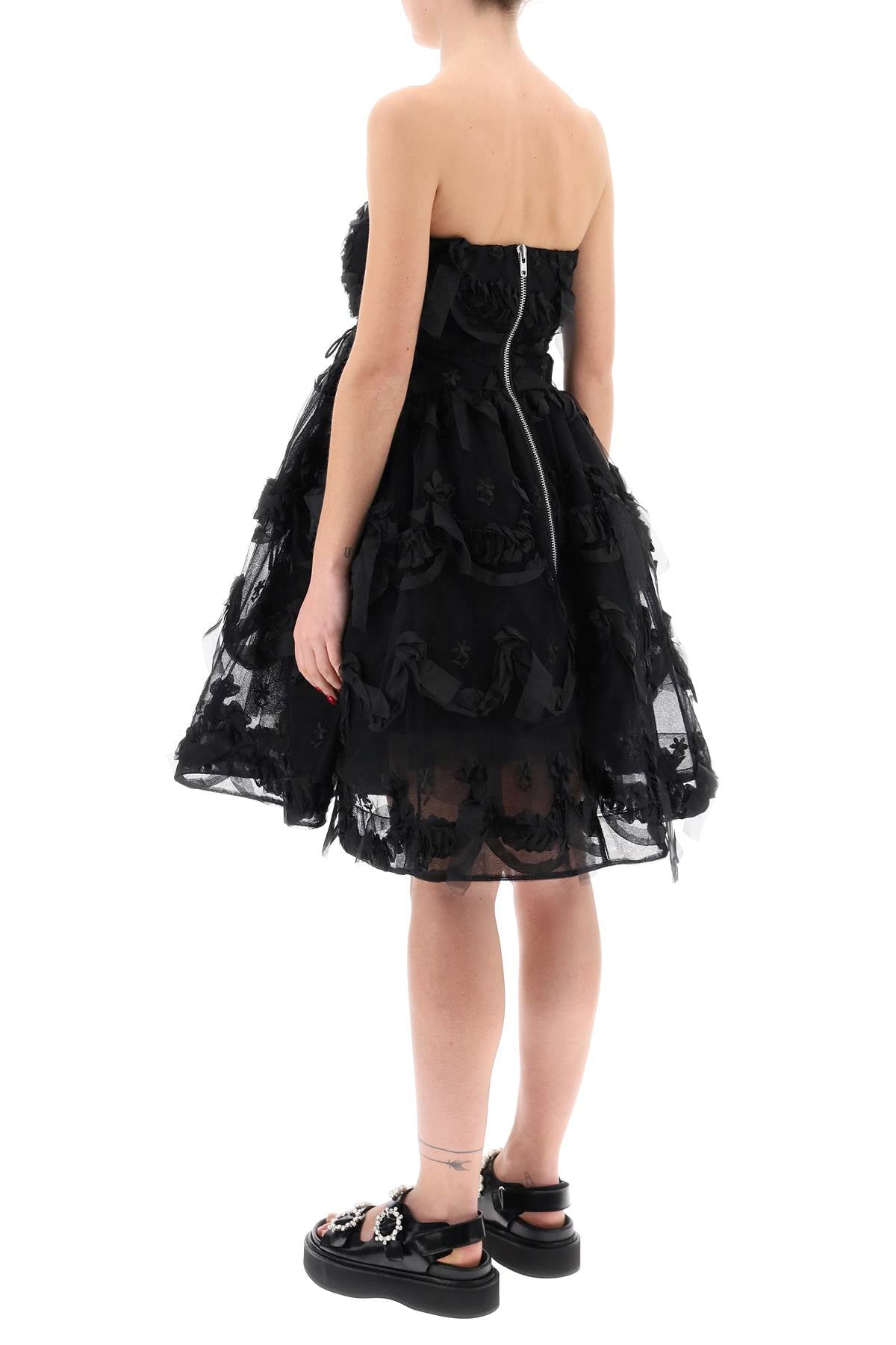 SIMONE ROCHA Elegant Black Tulle Dress with Bow and Floral Embroidery