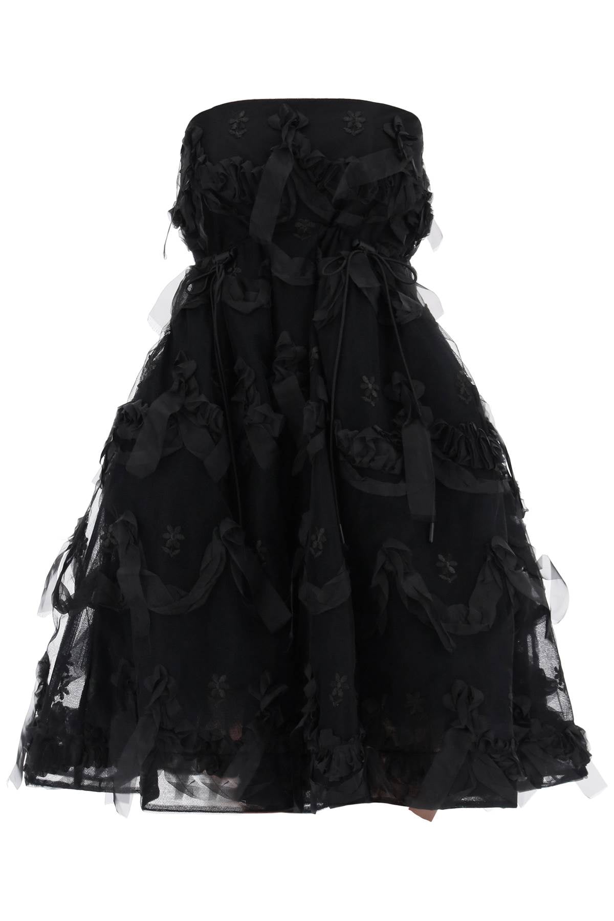 SIMONE ROCHA Elegant Black Tulle Dress with Bow and Floral Embroidery
