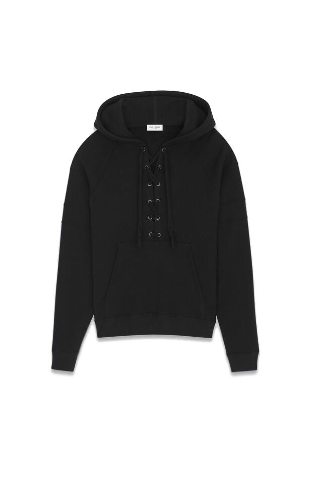 SAINT LAURENT Laced Hoodie for Men - FW23 Noir Cotton Sweatshirt