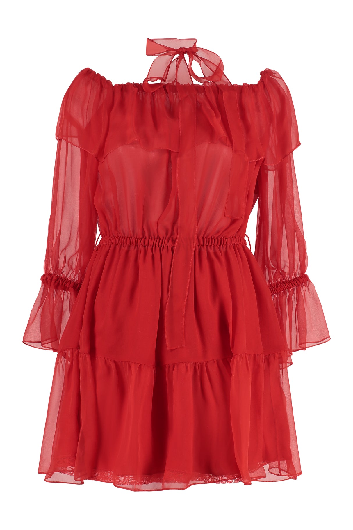 Áo đầm chiffon sang trọng được nhúng ruffe với cổ áo và chi tiết khăn quàng đính kèm màu đỏ cho mùa Xuân Hè 2023