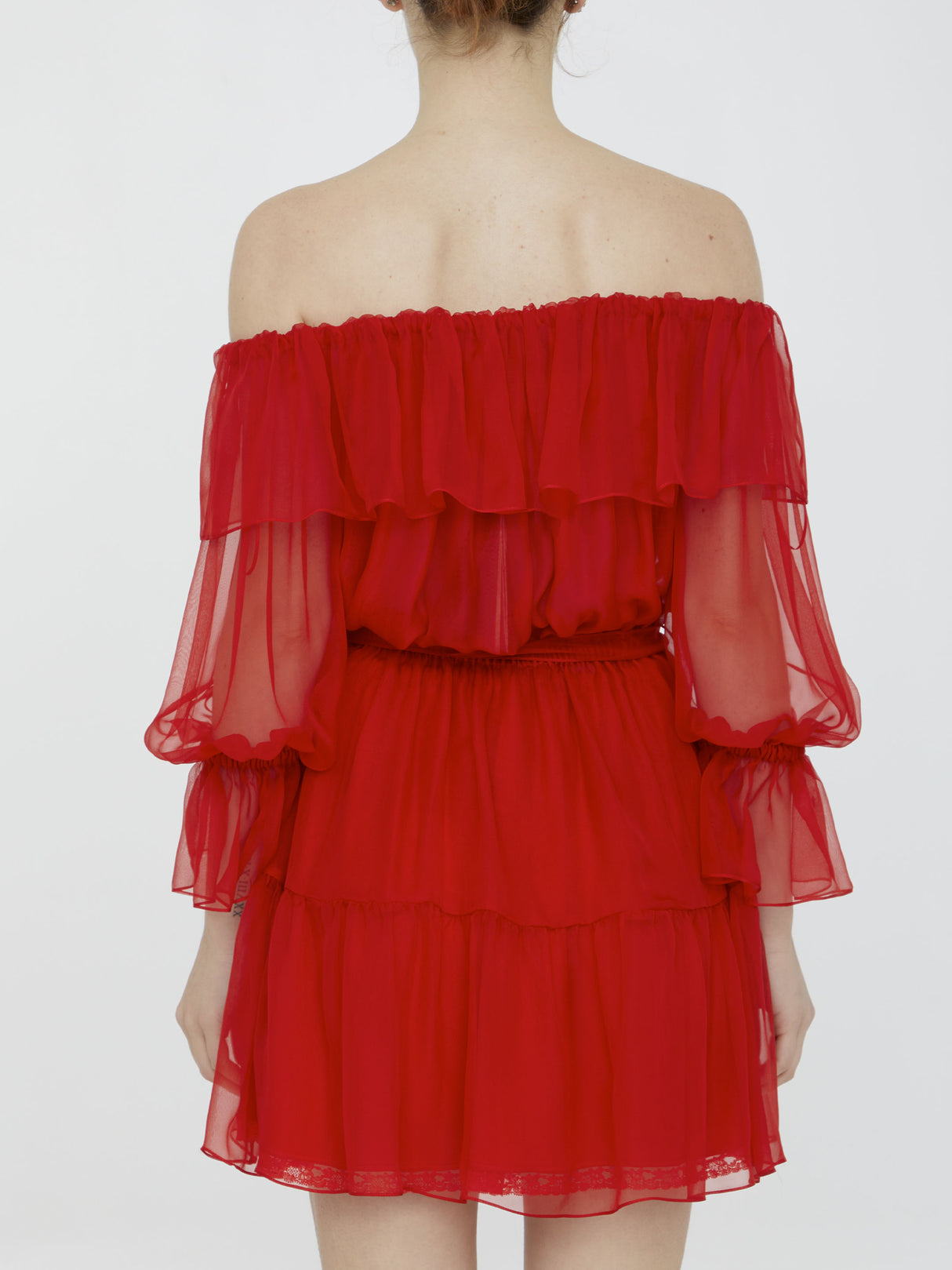 GUCCI Ruffled Chiffon Dress with Elasticated Collar and Silk Scarf