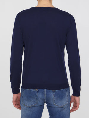 GUCCI Men's Blue Ribbed Wool Crew-Neck Sweater