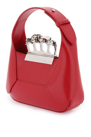 ALEXANDER MCQUEEN Mini Jewelled Hobo Handbag with Swarovski Rings and Detachable Chain Strap - Red Calfskin Leather