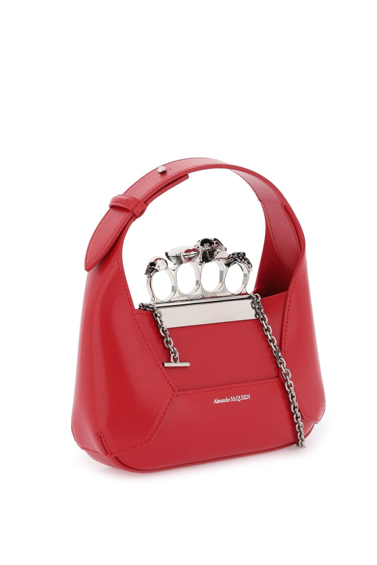 ALEXANDER MCQUEEN Mini Jewelled Hobo Handbag with Swarovski Rings and Detachable Chain Strap - Red Calfskin Leather