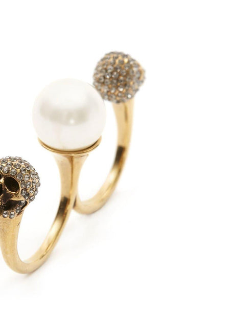 ALEXANDER MCQUEEN Elegant Pearl Double Ring for Women - Antique Gold