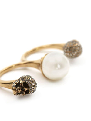 ALEXANDER MCQUEEN Elegant Pearl Double Ring for Women - Antique Gold