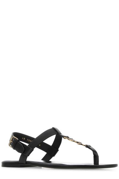 SAINT LAURENT Summer Style Upgrade: Men's Leather Logo Plaque Sandals in Classic Black