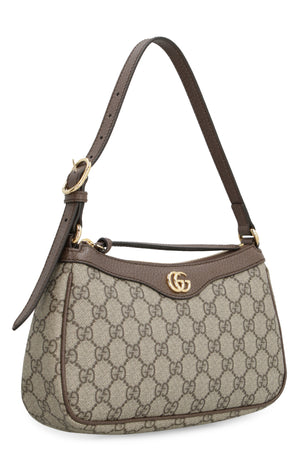 GUCCI Mini Ophidia Beige & Ebony GG Supreme Canvas Shoulder Bag with Brown Leather Trims and Gold-Tone Accents - 15x25x6.5cm