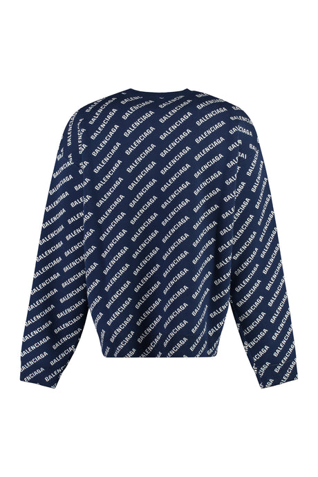 BALENCIAGA Allover Logo Crewneck Sweater in Blue and White for Men