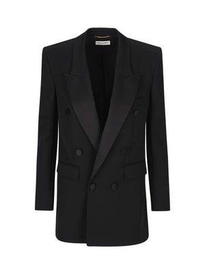 SAINT LAURENT Double-Breasted Wool Jacket with Satin Lapel Collar for Women - FW23 Collection