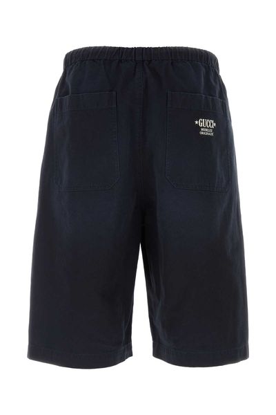 GUCCI Blue Cotton Drill Bermuda Shorts with Embroidered Design, Zip and Button Closure