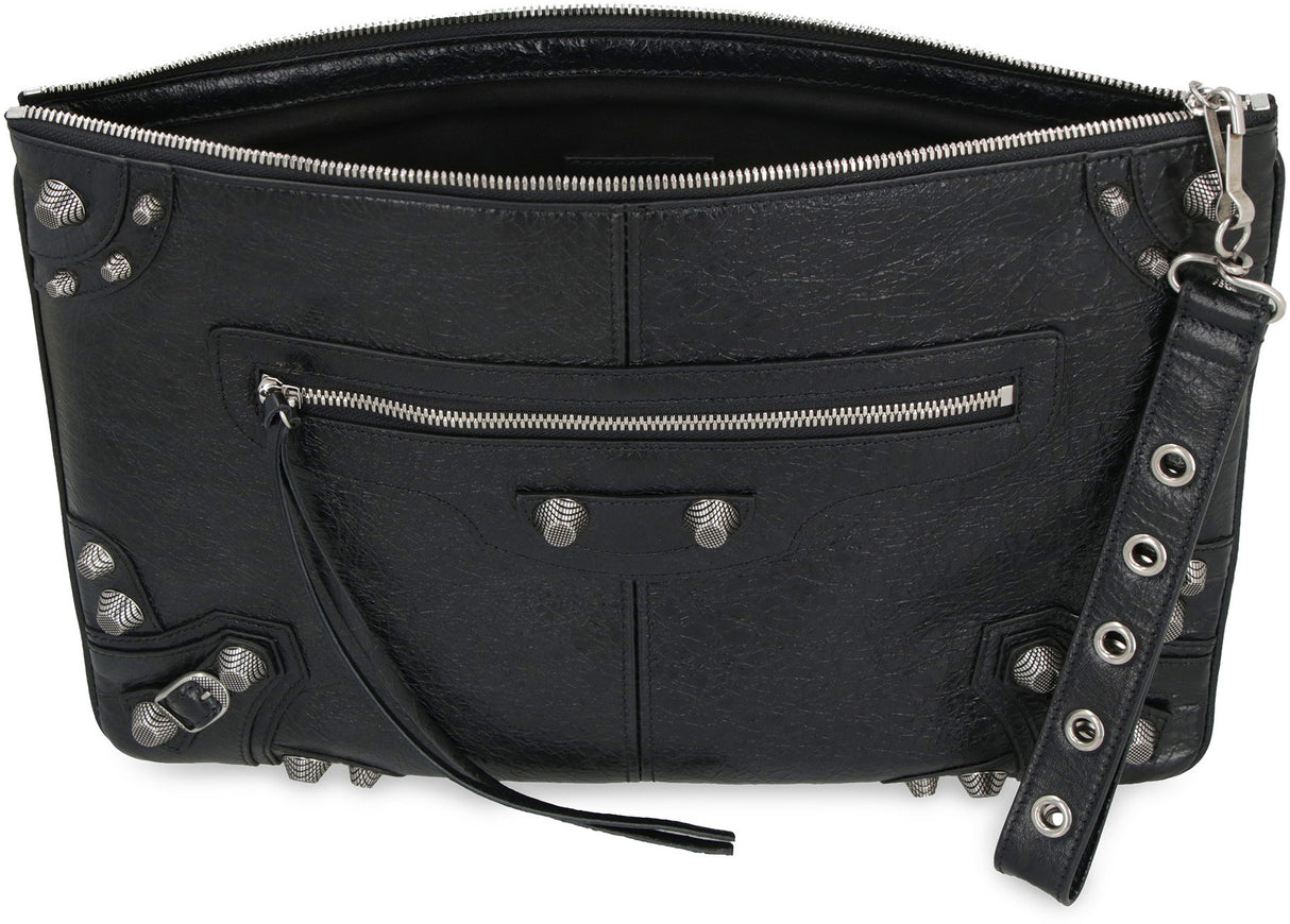 BALENCIAGA Black Lamb Leather Pouch Handbag with Metal Studs and Detachable Wrist Strap