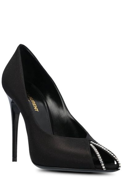 SAINT LAURENT Black Satin Rhinestone Pumps with Cap-Toe and Stiletto Heel for Women