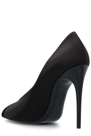 SAINT LAURENT Black Satin Rhinestone Pumps with Cap-Toe and Stiletto Heel for Women