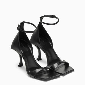 Black Leather High Sandal with Curved Heel and Logo Detail for Women