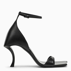 Black Leather High Sandal with Curved Heel and Logo Detail for Women