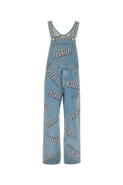 GUCCI Blue Denim Overalls for Men - Adjustable Straps, Contrast Stitching, Leather Logo Patch, All Over Print - 2024 SS Collection