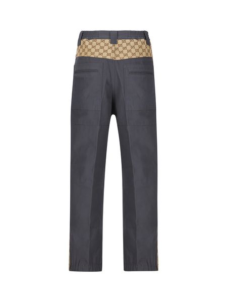 GUCCI Grey Cotton Trousers with GG Fabric Inserts for Men – SS23 Collection