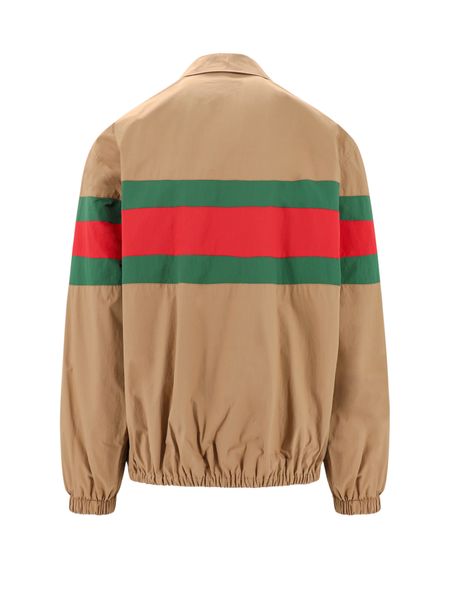 GUCCI Saddle Brown Zippered Cotton Jacket for Men | Green-Red-Green Web Detail | Two Front Pockets