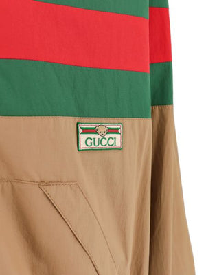 GUCCI Áo Khoác Cotton Nâu Có Khoá Kéo Với Chi Tiết Lưới Xanh-Đỏ-Xanh