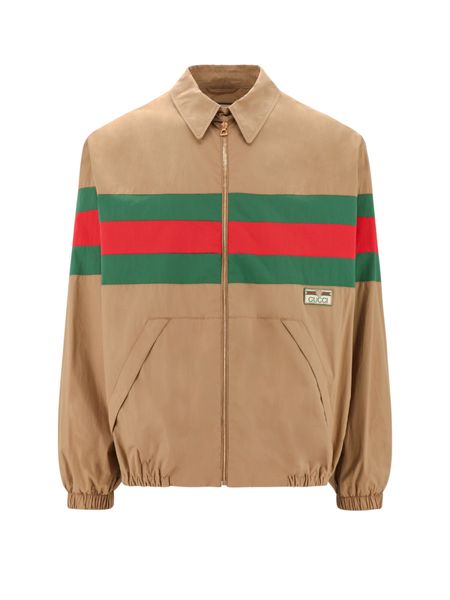 GUCCI Brown Zippered Cotton Jacket with Green-Red-Green Web Detail for Men