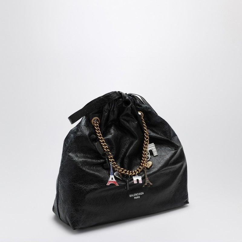 BALENCIAGA Crush Medium Black Leather Tote with Chain Strap