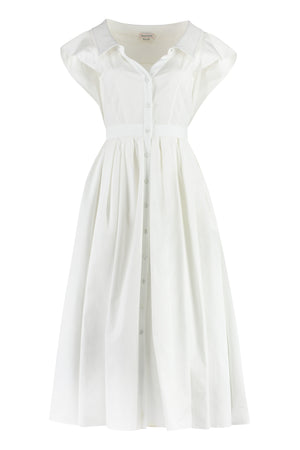 ALEXANDER MCQUEEN White Cotton Long Dress with Pleated Detail and Classic Collar for Women