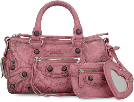 BALENCIAGA Mini Duffle Vintage Pink Lamb Leather Crossbody Bag with Decorative Studs and Removable Pouch