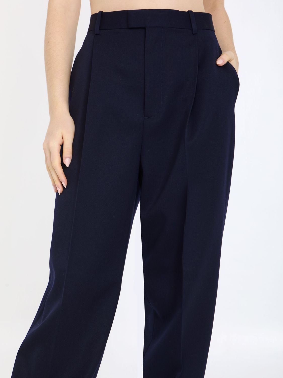 BOTTEGA VENETA High-Waisted Blue Wool Trousers with Belt Loops - Women's Relaxed Fit