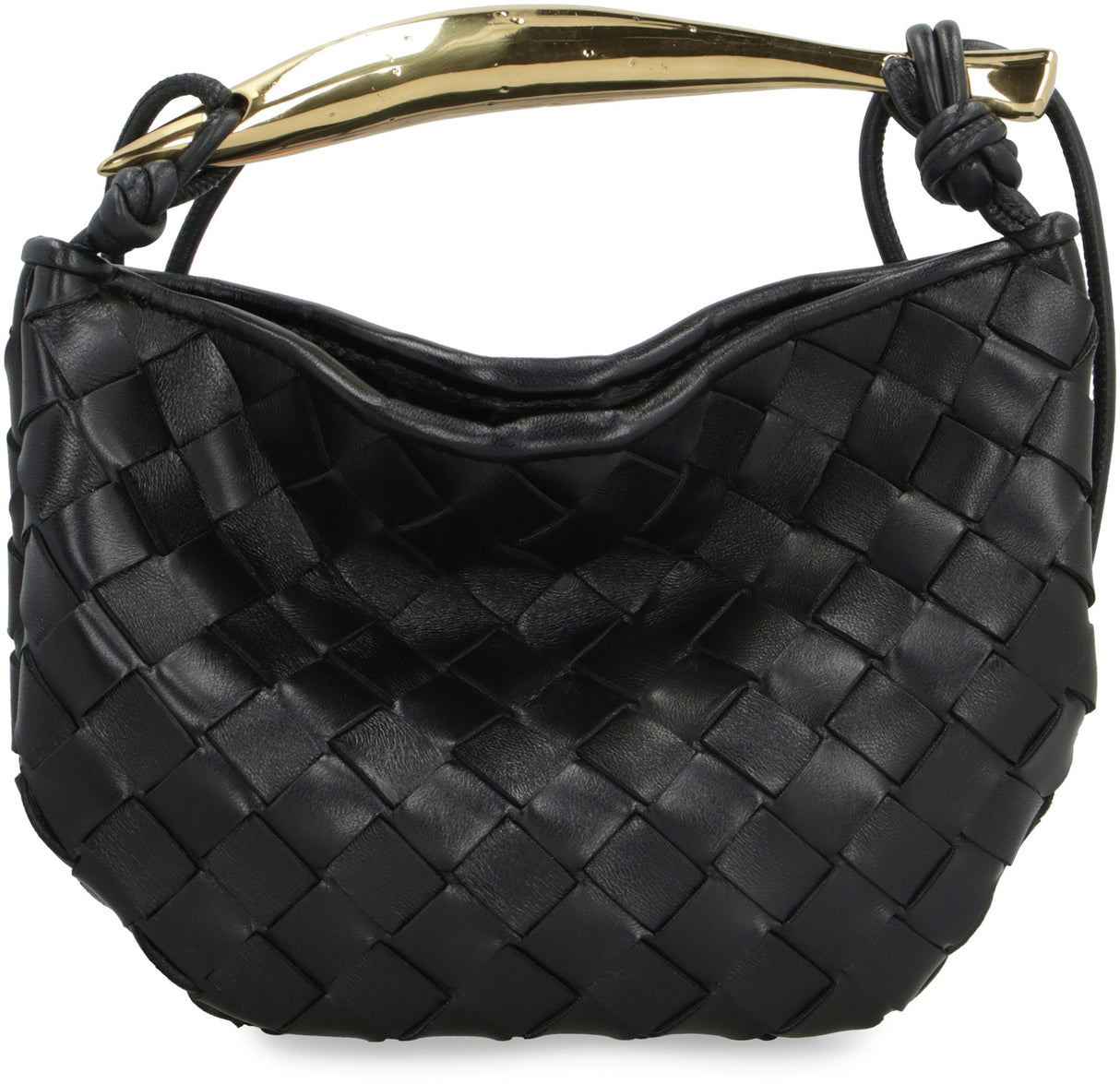 Black Mini Crossbody Handbag with Intrecciato Motif and Gold-Tone Hardware