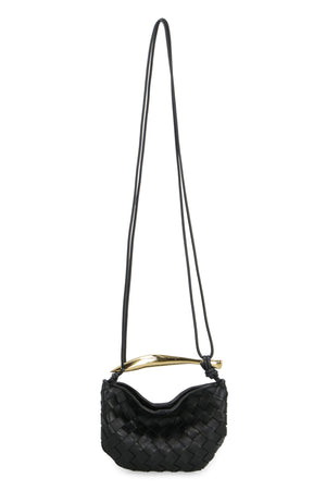 Black Mini Crossbody Handbag with Intrecciato Motif and Gold-Tone Hardware