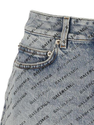 BALENCIAGA Blue Denim Mini Skirt with All Over Logo Print for Women - SS24 Collection