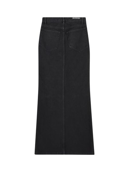 BALENCIAGA Women's Black Denim Skirt with Metal Buttons and Front Slit Hem