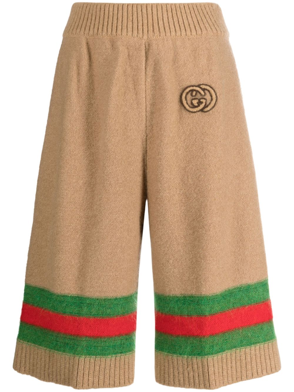 GUCCI Beige High Waist Knit Shorts with Web Stripe Trim and Interlocking G Logo