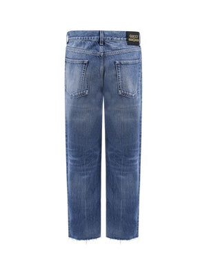 GUCCI Blue Cotton Straight-Leg Jeans with Leather Logo Patch and Frayed Hem