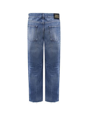 GUCCI Modern Fashionista's Ultimate Pick: Ultra-Modern Black Wash Cropped Jeans with Signature Logo Patches