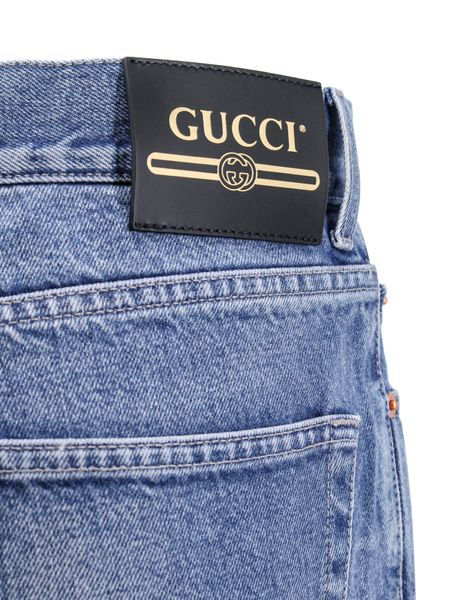 GUCCI Blue Cotton Straight-Leg Jeans with Leather Logo Patch and Frayed Hem