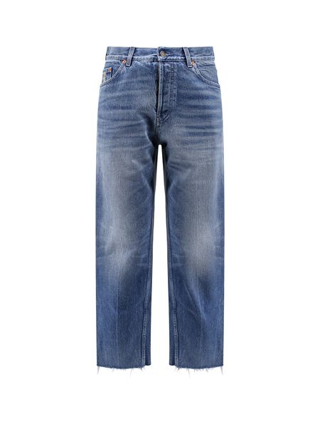 GUCCI Blue Cotton Straight-Leg Jeans with Leather Logo Patch and Frayed Hem