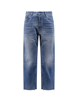 GUCCI Blue Cotton Straight-Leg Jeans with Leather Logo Patch and Frayed Hem