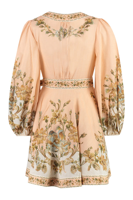 ZIMMERMANN Pink Daisy Floral Mini-Dress with Puffed Shoulders and Wrap-Around Fastening