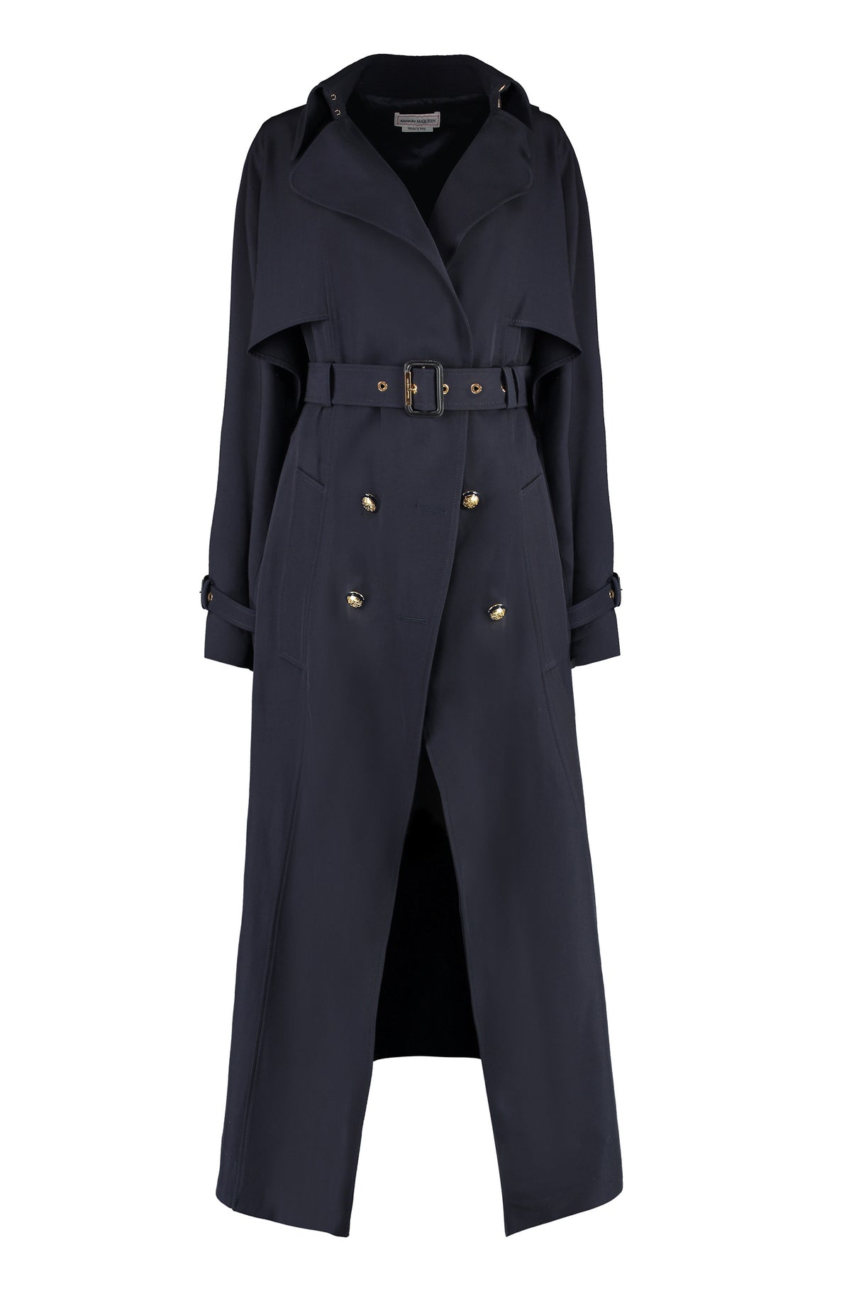 ALEXANDER MCQUEEN Women's Wool and Cotton Trench Jacket with Coordinated Belt and Contrasting Color Buttons